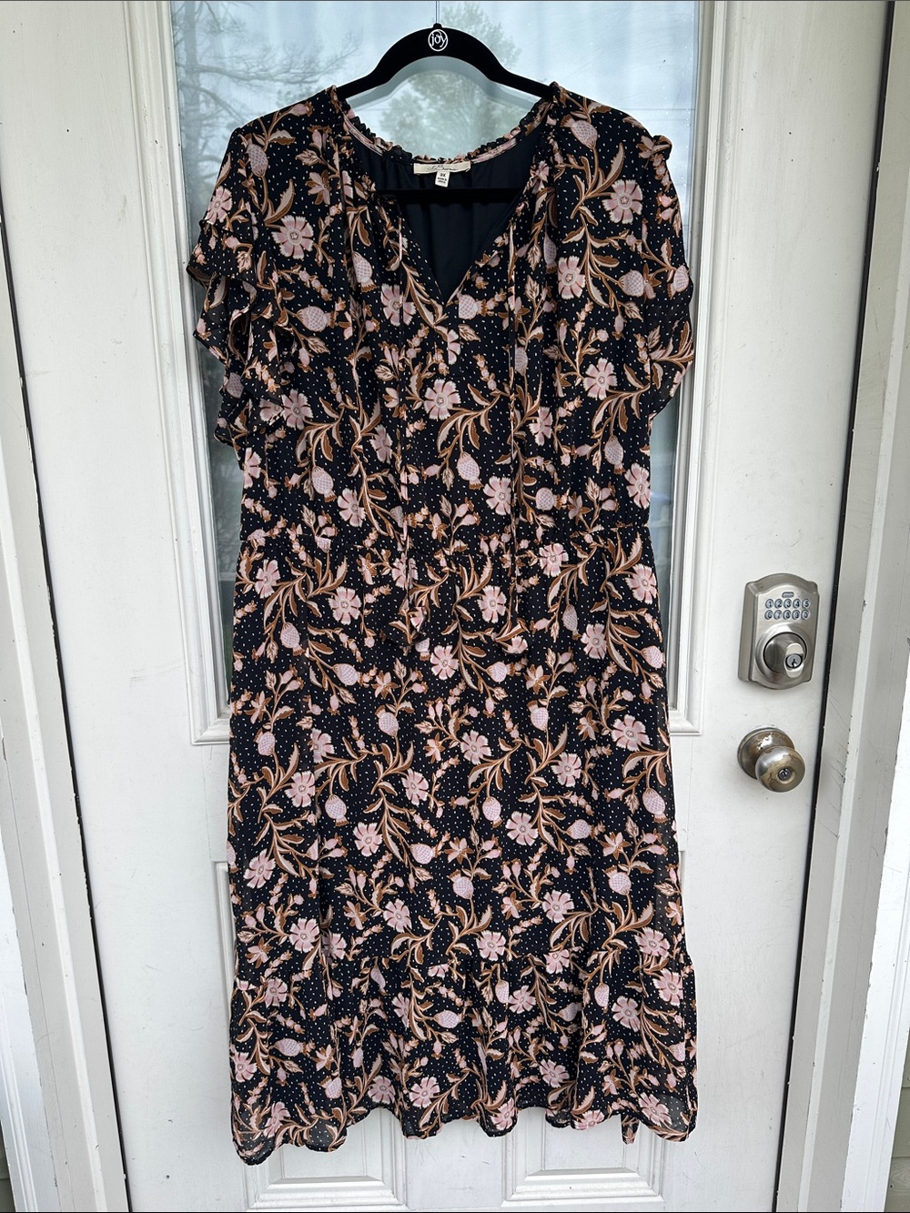 New without tags Les Serein Floral V-Neck Midi Dress (Black/Blush/Tan floral 3x)